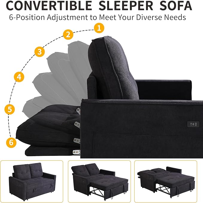 EJUNQ Pull Out Couch, Convertible Sofa Bed with USB and Reclining Backrest, Modern 3 in 1 Sleeper Sofa Couch Bed with Side Pockets, Comfortable Loveseat Sleeper for Small Spaces.(Black)