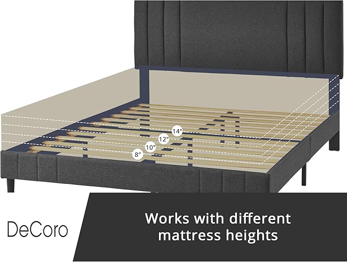 Decoro Chicago Modern Tufted Upholstered Platform King Size Bed Frame, Dark Grey
