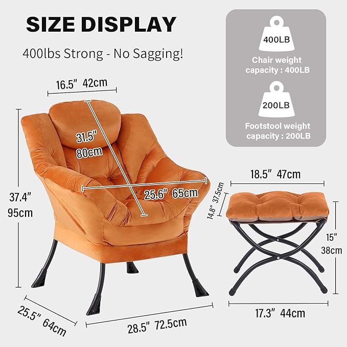 Tiita Lazy Chair with Ottoman, Modern Large Accent Lounge Armchair, Comfy Leisure Sofa Reading Chair with Footrest for Bedroom, Living Room, Dorm Rooms, Garden and Courtyard, Velvet Orange