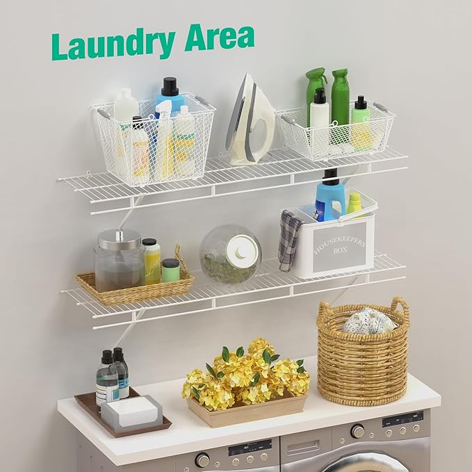HAUSHOF Closet Shelves Wall Mounted 4-Pack, 4 ft x 12in White Wire Shelving for Laundry Room, Closet, Basement Organization and Storage