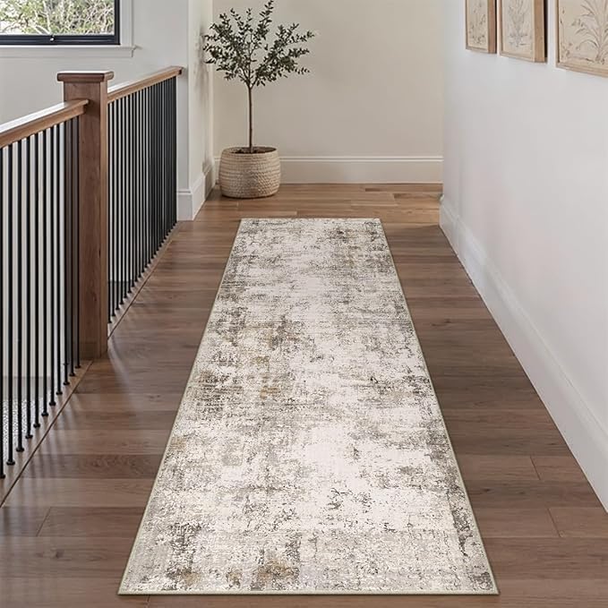3x7 Washable Runner Rug Brown Grey Abstract Hallway Kitchen Throw Rug Neutral Modern Non Slip Soft Low Pile Carpet for Bathroom Laundry Bedroom Living Room