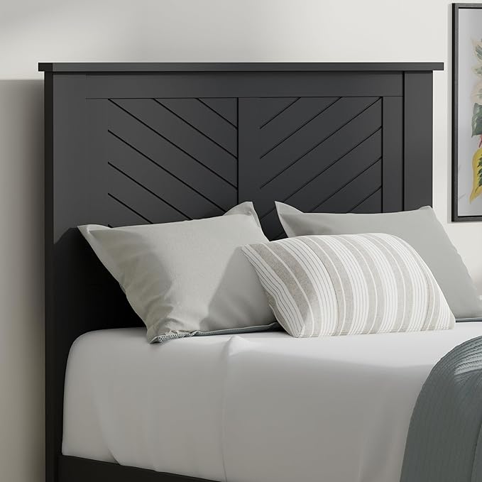 Serene Farmhouse Style Wood Bed in Twin Size with Chevron Scoring Headboard, Coastal Modern Design, Sturdy, Easy Assembly, Ample Underbed Storage, Black Finish