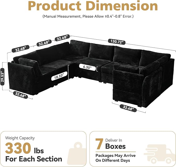 Large 7 Seat Modular Sectional Sofa with Ottoman Seat Corduroy Sleeper Sectional Sofa Bed Oversized Convertible Modular Couch for Living Room