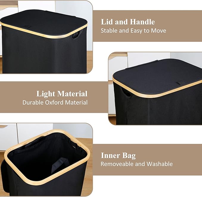 Laundry Hamper with Lid, 110L Large Laundry Hamper with Handle and Lid, Collapsible Clothes Basket Organizer with Removable Inner Bag for Clothes Toys Towels - Black