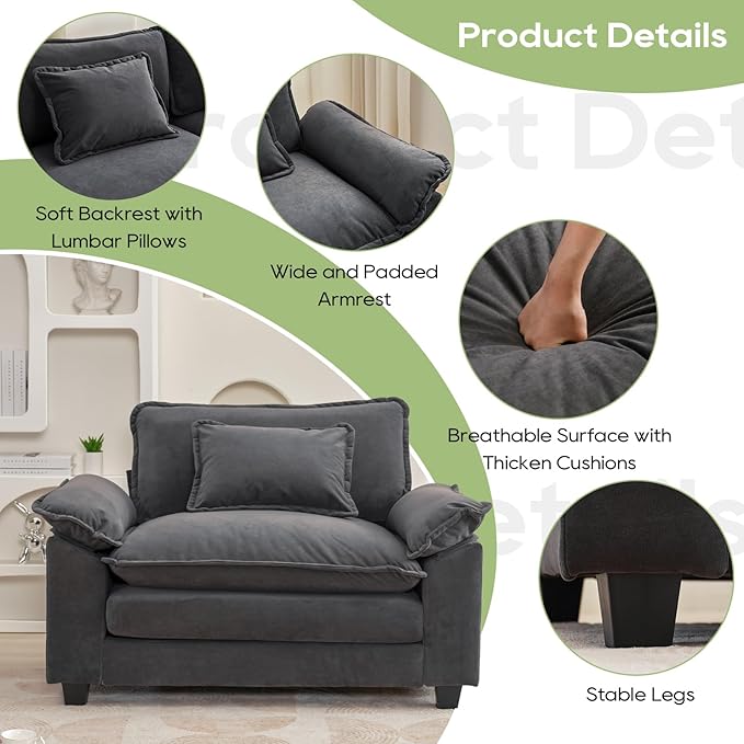 Modular Sectional Sofa, Comfy Cloud Couch Sectional Sofa, Velvet Sofa Sleeper Deep Seat Sofa with Throw Pillows for Living Room (Blue Gray, 53"- Single Seat)