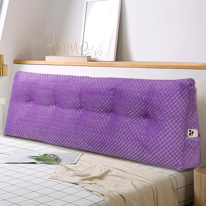 Large Triangular Headboard Wedge Pillow Soft and Supportive Headboard Backrest Positioning Support Bolster Cushion, Bed Wedge Pillow with Removable Cover(Purple,King,76x8x20inch)