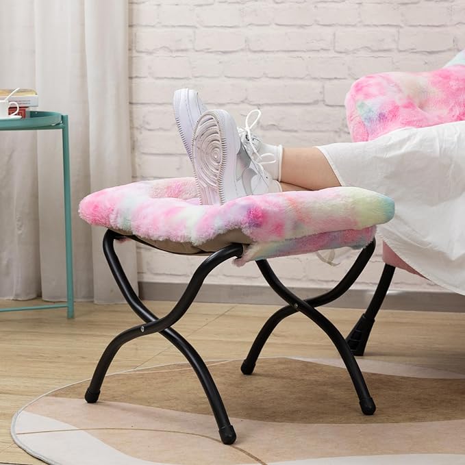 HollyHOME Lazy Chair with Foldable Ottoman, Accent Comfy Lounge Armchair and Folding Footrest Stool, Leisure Sofa Reading Chair and Footstool for Living Room, Bedroom, Dorm,Faux Fur Rainbow