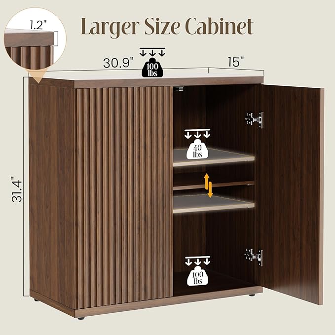 Fluted Buffet Cabinet Sideboard with Storage,Wooden Credenza with 2 Doors&Adjustable Shelve, Modern Accent Cabinets Coffee Bar Bookcase for Living Room,Kitchen Dining Room Entryway 15"D Brown