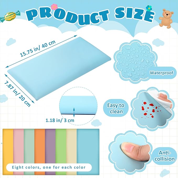 8 Pack Wall Padding for Playroom Peel and Stick Headboard 15.75" x 7.87" x 1.18" 3D Anti Collision Upholstered Wall Panels Self Adhesive Headboard Panel for Protection (Fresh Colors)