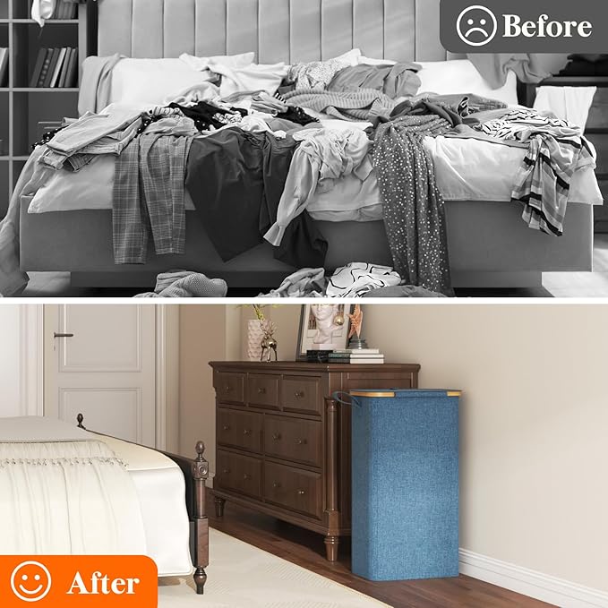 Lifewit 65L Slim Laundry Hamper with Lid, Narrow Laundry Basket with Removable Bag & Bamboo Handles, Fodable Thin Dirty Clothes Hamper for Laundry Collapsible Bin for Bathroom Bedroom Dorm, Dark Blue