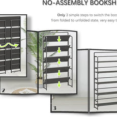 4NM No Assembly Extra Wide 5 Tiers Folding Bookshelf Storage Shelves Vintage Bookcase Standing Racks Study Organizer Home Office (All Black)