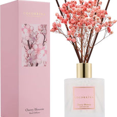 COCORRÍNA Reed Diffuser - Cherry Blossom 6.7 Fl.oz Reed Diffuser Set with Sticks & Preserved Baby's Breath, Reed Diffuser for Home Bathroom Shelf Decor