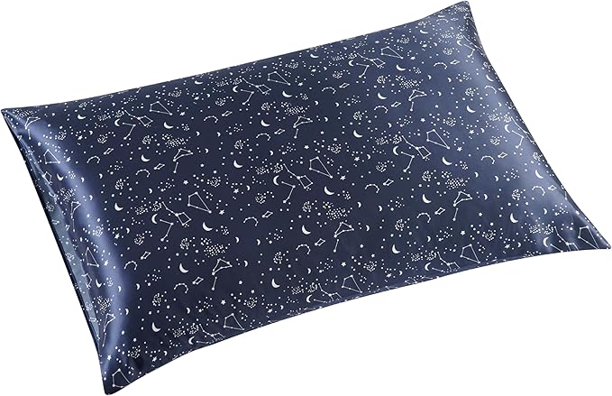 ALASKA BEAR Silk Pillowcase Envelope Closure, 22 Momme 100 Percent Long Overlap Sleeve Mulberry Silk Pillow Case Foldover Design, Machine Washable and NO Zipper, Queen (1, Constellation)