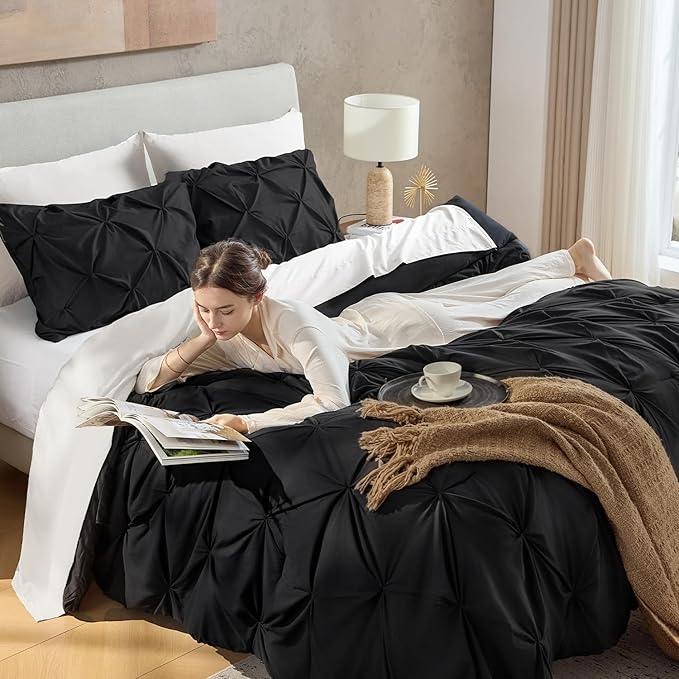Andency Black Pinch Pleat Comforter Queen(90x90Inch), 3 Pieces(1 Pintuck Comforter and 2 Pillowcases) Pintuck Comforter Set, Microfiber All Season Down Alternative Bedding Set