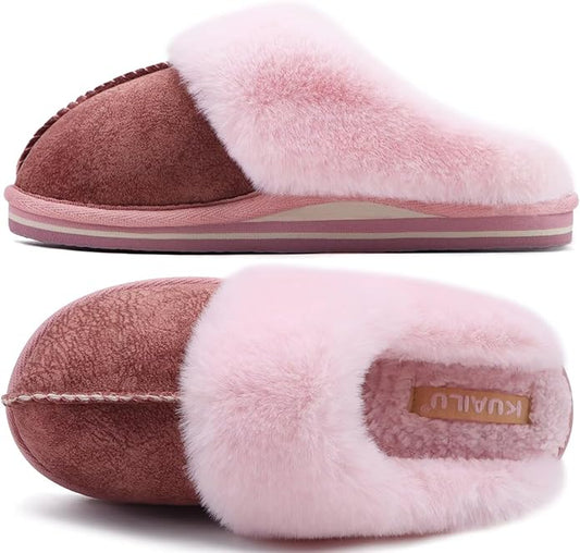 KuaiLu Womens Fluff Dual Memory Foam Slippers Ladies Cozy Arch Support Warm Scuff Slippers Slip on Comfy Winter House Shoes with Non-Slip Indoor Outdoor Hard Sole