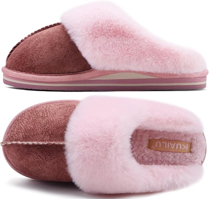KuaiLu Womens Fluff Dual Memory Foam Slippers Ladies Cozy Arch Support Warm Scuff Slippers Slip on Comfy Winter House Shoes with Non-Slip Indoor Outdoor Hard Sole