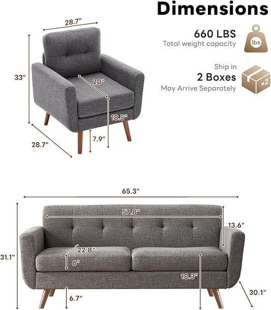 Tbfit Mid Century Modern Sofa Couch, Gray, Loveseat & Accent Chair