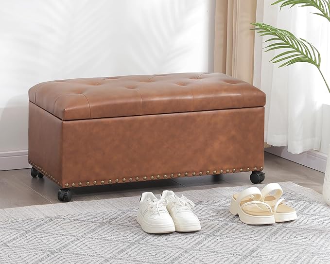 Joveco Storage Ottoman Bench 35" Faux-Leather Rectangular Tufted Ottomans Storage Room Organizer with Wheels(Ochre Yellow)