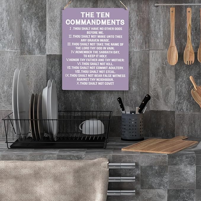 YCYD Ten Commandments Decor,10 Commandments Desk Poster, Christian Bible Verse Decor Religious Home Rustic Wooden Box Sign for Living Room Bedroom Office 10 x 8 Inches Purple