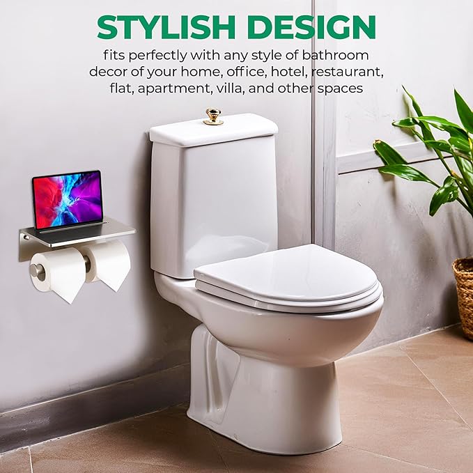 Toilet Paper Holder - Aluminium Double Roll Toilet Tissue Holder with Mobile Phone Shelf for Bathroom, 3M Self Adhesive No Drilling or Wall-Mounted, Rustproof Modern Style Brushed Nickel