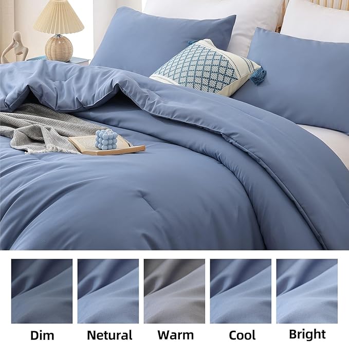 ROSGONIA Oversized King Comforter Slate Blue, 3pcs (1 Boho Comforter & 2 Pillowcases) Lightweight Oversized King Size Comforter Sets Bedding Blanket