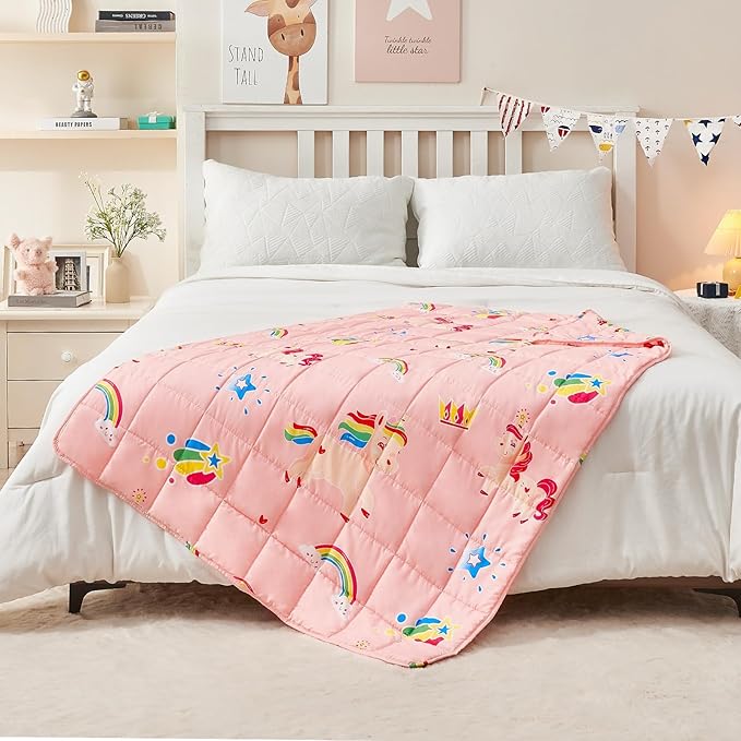 yescool Unicorn Weighted Blanket 7 Pounds Cooling Weighted Lap Blanket, Pink Rainbow Heavy Blanket, Breathable Weighted Throw Blanket Gift for 60-80lbs, 40"x60"