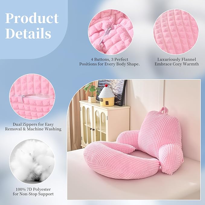 Reading Pillow for Bed,U Shaped & Back Support Pillow for Bed,19" Backrest with Lumbar & Arm Support,Comfy Flannel Fabric,Lap Pillow for Gaming/Reading/Watching TV,Pink