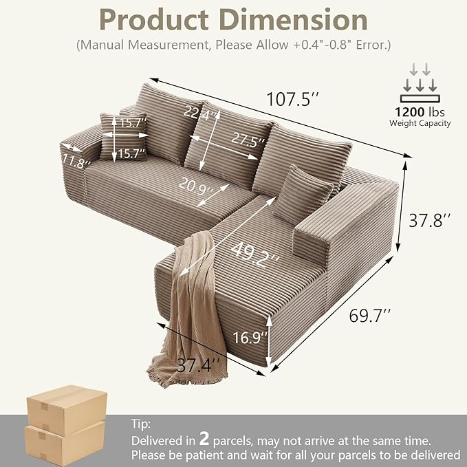 107" Cloud Sectional Couch with L-Shape Chaise, Modern Modular Comfy Sofa Chaise Longue, Upholstered Corduroy Couches Sleeper with Deep Seat for Living Room Bedroom, No Assembly Required, Camel