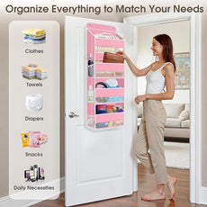 1 Pack Over The Door Organizer Hanging Storage Organizers with Clear Window 40lb Large Capacity Room Organizer for Pantry Laundry Bathroom Nursery Closet(Pink)