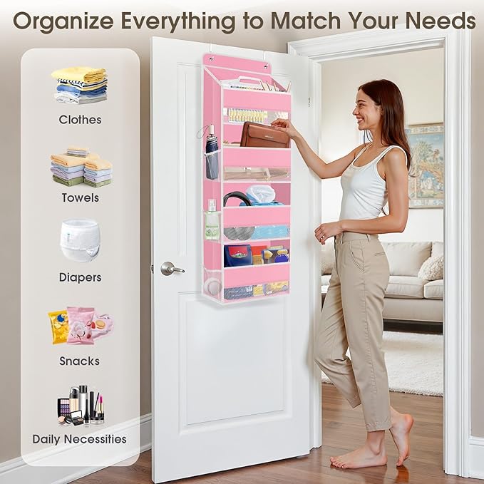 1 Pack Over The Door Organizer Hanging Storage Organizers with Clear Window 40lb Large Capacity Room Organizer for Pantry Laundry Bathroom Nursery Closet(Pink)
