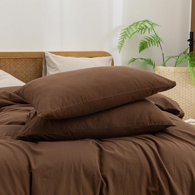 BESTOUCH Duvet Cover Set 100% Washed Cotton Linen Feel Super Soft Comfortable Chic Lightweight 3 PCs Home Bedding Set Solid Cocoa Brown Cal King