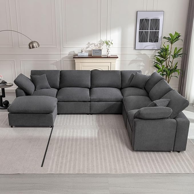 Modular Sectional Sofa Modern Oversized Cloud Couch with Movable Ottoman 7 Seater L-Shaped Sofas Comfy Couches for Living Room Spacious Space Office Lounge, Dark Grey