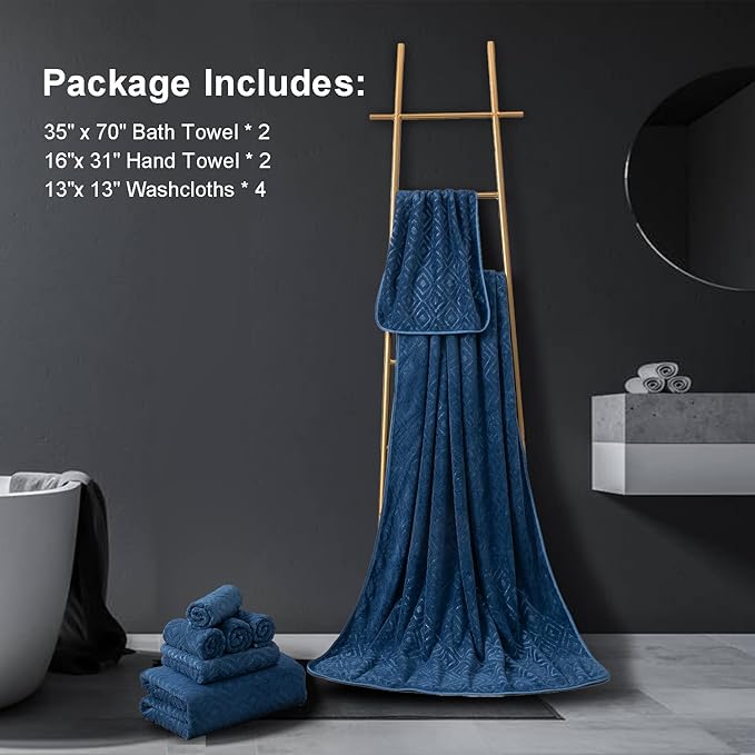 8 Piece Extra Large Bath Towels Set,2 Oversized Bath Towels(35"x70"), 2 Hand Towels,4 Washcloths Ultra Soft and Absorbent Towels for Bathroom, Quick Dry Towel for Gym Hotel Camp Pool Navy Blue