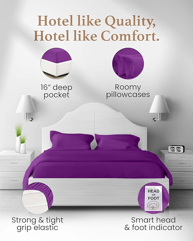 Good Sleep Bedding Twin Sheets - 100% Egyptian Cotton Twin Sheet Set, 3Pc, 1000 TC, Sateen Weave, Hotel Quality Sheets Twin Size Bed Set, Soft, 16" Deep Pocket Twin Sheets - Purple Twin Bedsheets GoodSleepBedding