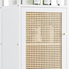 Bamboo Floor Rattan Cabinet, Narrow Bathroom Storage Organizer Rack, Space Saving Wood Kitchen Cupboard, Hallway Side Table, Living Room Stand with Single Door and 1 Shelf (White)