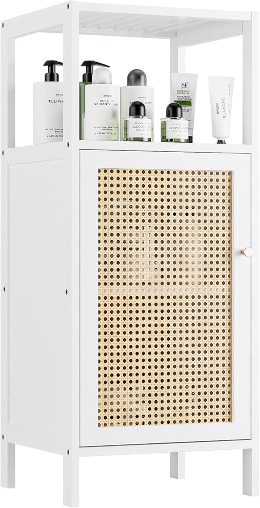 Bamboo Floor Rattan Cabinet, Narrow Bathroom Storage Organizer Rack, Space Saving Wood Kitchen Cupboard, Hallway Side Table, Living Room Stand with Single Door and 1 Shelf (White)