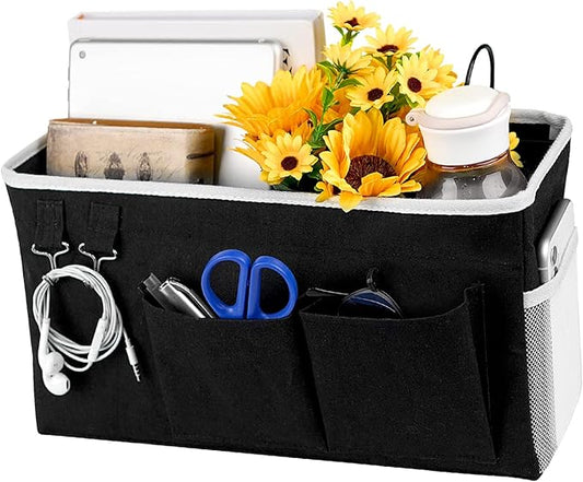 Loghot Bedside Caddy/Bedside Storage Bag Hanging Organizer for Bunk and Hospital Beds,Dorm Rooms Bed Rails,Can be Placed Glasses,Books,Mobile Phones,Keys (Black)