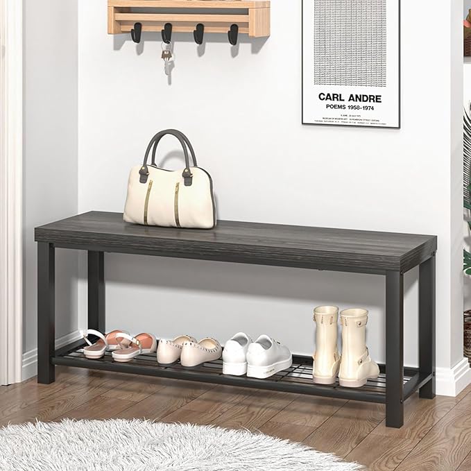 FOLUBAN Industrial Shoe Storage Bench for Entryway Hallway, Rustic Indoor Shoe Rack Bench Seat for Living Room Bedroom, 43.3 Inch Dark Gray