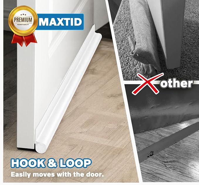 MAXTID Easy to Install 32 Inch Door Draft Stopper - White Foam and Polyester Door Seal