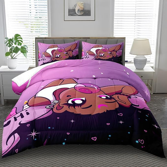 Black Girl Comforter Set King Cute Bedding Set College Dorm Girl Cartoon Teen Black and Pink Comforter King Kawaii Room Decor Cartoon Bedding Quilt Decor Kids