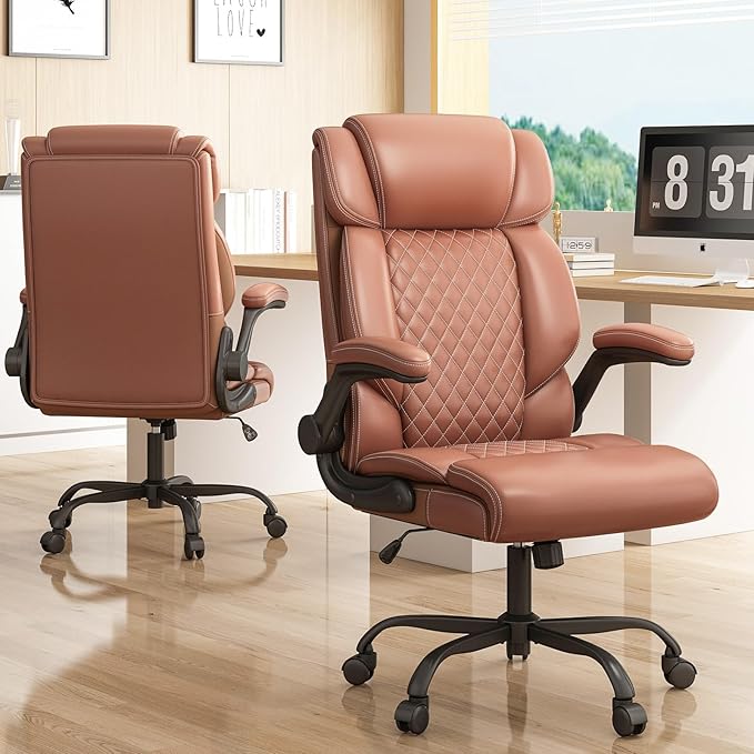 Office Chair, Ergonomic Big and Tall Executive Desk Chair, Breathable Leather Chair with Adjustable Flip-up Armrests, Lumbar Support Swivel Computer Chair with Rocking Function (Brown)