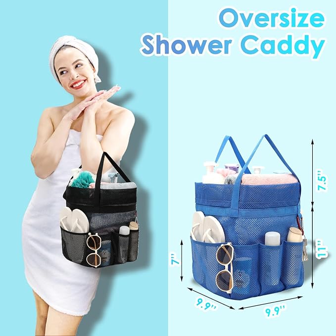 Mesh Shower Caddy Portable with Drawstring, Dorm Room Essentials for College Girls Guys, 8-Pocket Extra Large Shower Bag Basket Tote for Camping Beach Gym Travel Toiletry Bathroom