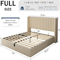 Full Size Lift Up Storage Bed, Upholstered Platform Bed Frame with Wingback Headboard, Hydraulic System, Solid Wooden Slats Support, Noise-Free, No Box Spring Needed, Easy Assembly, Beige