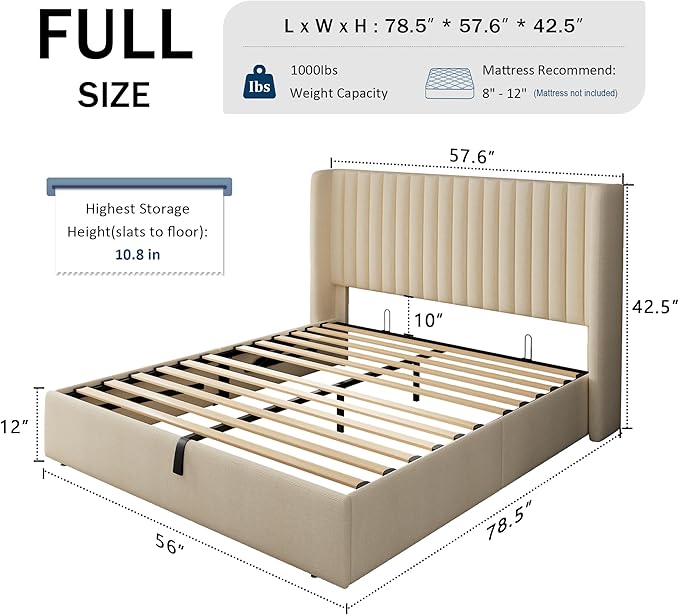 Full Size Lift Up Storage Bed, Upholstered Platform Bed Frame with Wingback Headboard, Hydraulic System, Solid Wooden Slats Support, Noise-Free, No Box Spring Needed, Easy Assembly, Beige