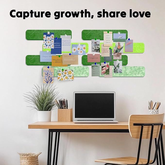 8Pcs Felt Bulletin Board Strips, Cork Board Strips for Walls Self Adhesive with 50 Pushpins, Colorful Cork Strips for Office Classroom Decor, Small Bulletin Board to Paste Photos, Notes (Green)