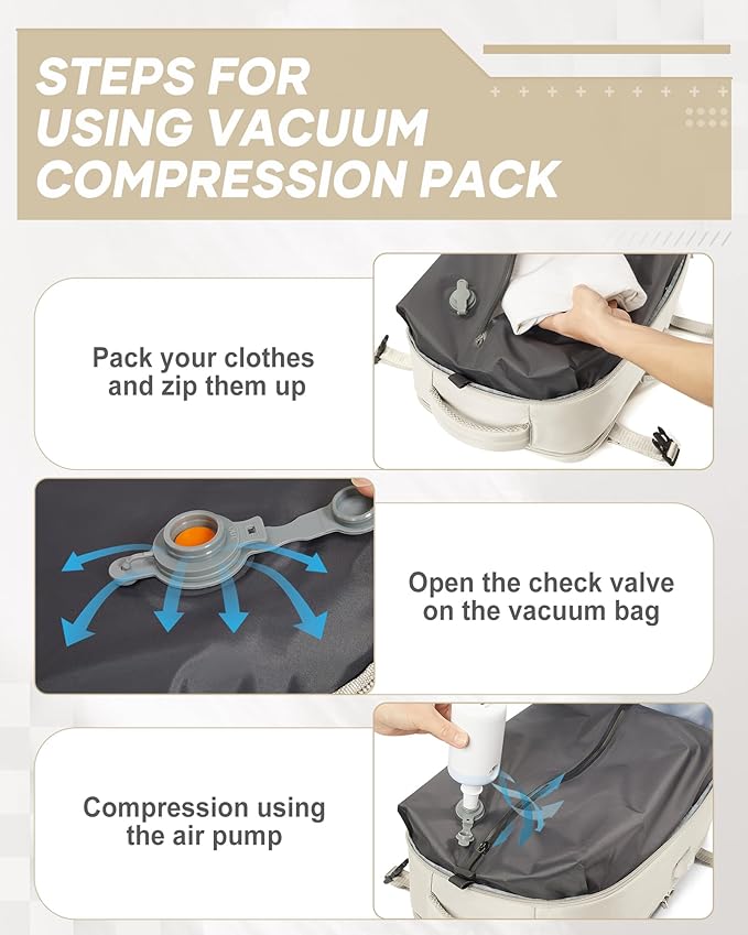 suwasp Vacuum Compression Backpack, 45L Expandable Travel Backpack with Electric Vacpack Pump, Travel Vacuum Bags with Shoe Compartment/17inch Laptop Compartment/USB Port, Beige