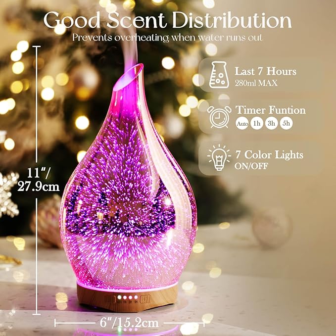 Porseme 280ml Essential Oil Diffuser, 3D Glass Aromatherapy Diffusor, Ultrasonic Cool Mist BPA Free Aroma Humidifier with Timer and Color Changing Function, Waterless Shut-Off for Home Office Room