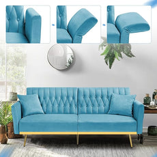 70” Velvet Futon Sofa Bed with 2 Pillows and Adjustable Armrests, Convertible Sleeper Bed W/Adjustable Backrests, Modern Loveseat for Living Room, Bedroom, Baby Blue