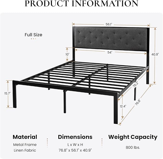 SHA CERLIN Full Size Metal Platform Bed Frame,Linen Upholstered Button Tufted Headboard, Mattress Foundation with 12.4” Under-Bed Storage, Noise-Free, Easy Assembly, No Box Spring Needed, Dark Grey