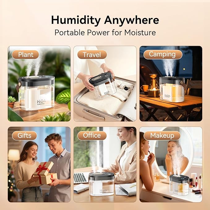 DIGIX Rechargeable Portable Humidifier-Smart Display,Night Light,Easy Clean,1.4L Small Humidifiers for Bedroom Baby, Personal Mini Humidifier for Travel Home Plants,3 Mist Modes, Auto Shut-Off (Black)
